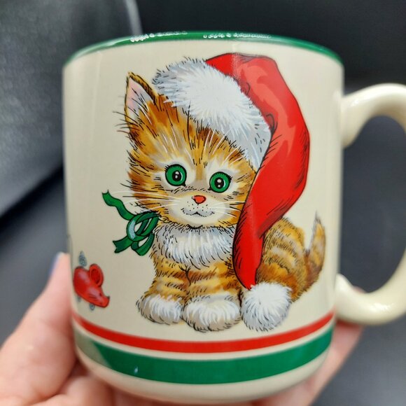 Vintage 1989 Potpourri Press Tabby Kitten Cat Santa Christmas Holiday Coffee Mug - Picture 2 of 8